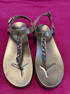 Vionic Gold Jeweled T-Strap Sandals